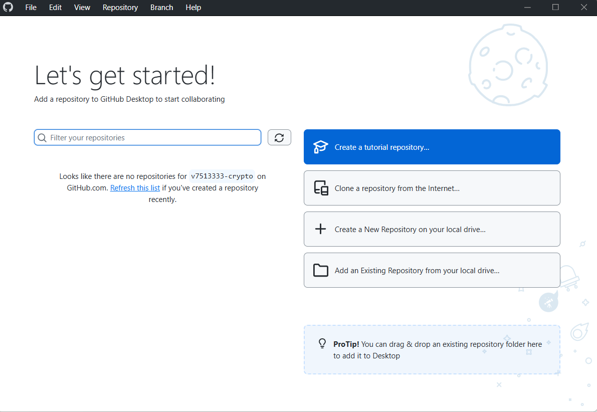 Стартовый экран GitHub Desktop: Let's get started с четырьмя кнопками