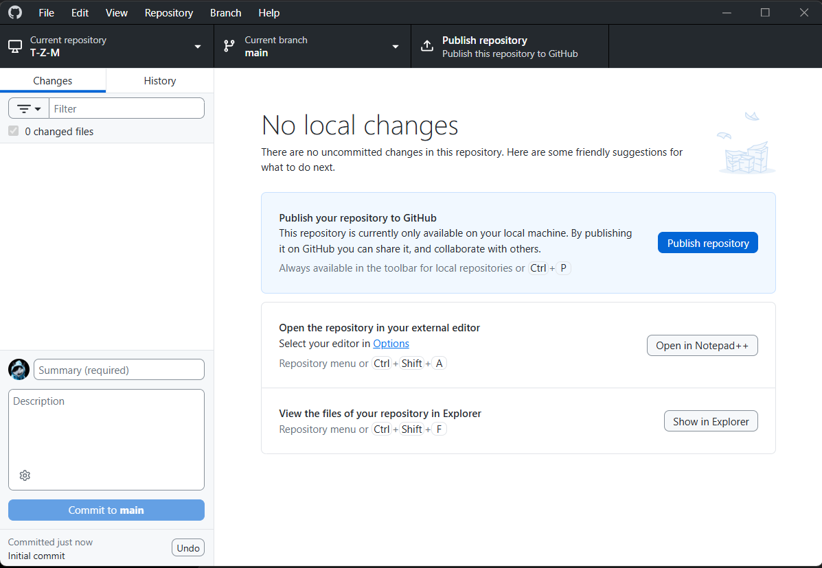 Главный экран GitHub Desktop после создания репозитория: No local changes, кнопка Publish repository